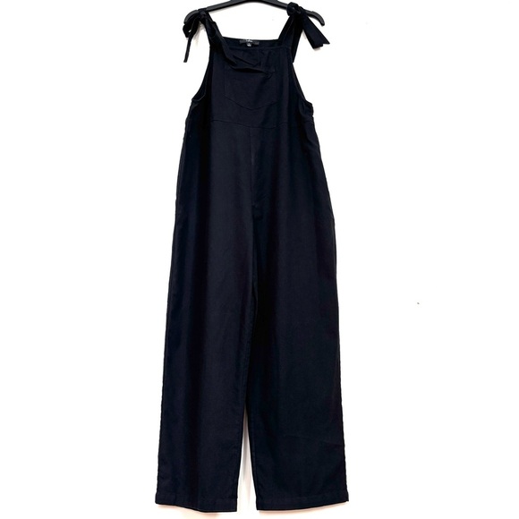 Lulus Tie Strap Beachy Linen Blend Straight Leg Preppy Black Overalls Jumpsuit L - Picture 4 of 16
